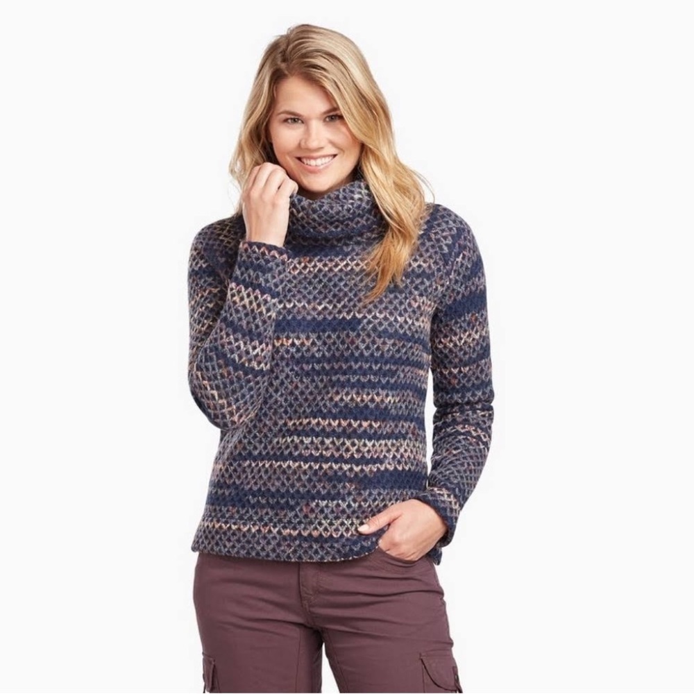 Kuhl Rogue Chunky Knit Blue Gray Funnel Cowl Neck Wool blend Sweater Size XS NWT